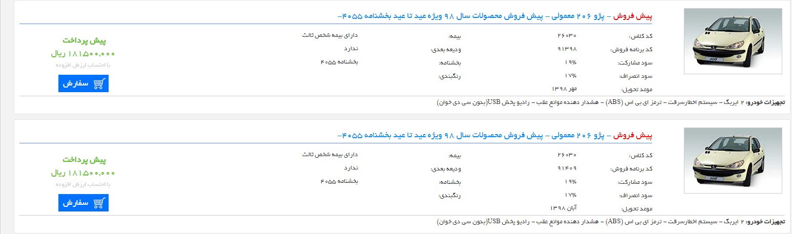 ثبت نام پژو 206 تیپ 2